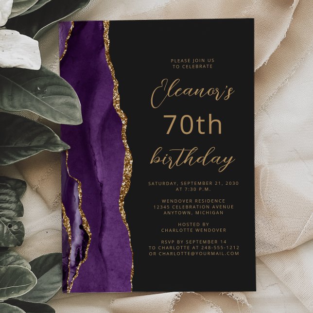 Purple Gold Agate Slate Script 70th Birthday Invitation (Creator Uploaded)