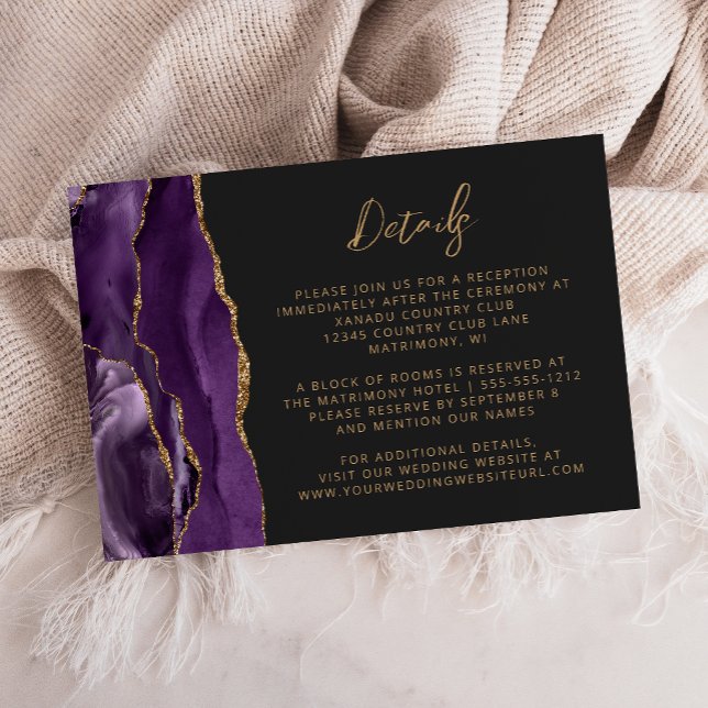Purple Gold Agate Slate Script Wedding Details Enclosure Card (Creator Uploaded)