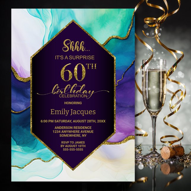 Purple Gold Agate Surprise 60th Birthday Party Invitation (Creator Uploaded)
