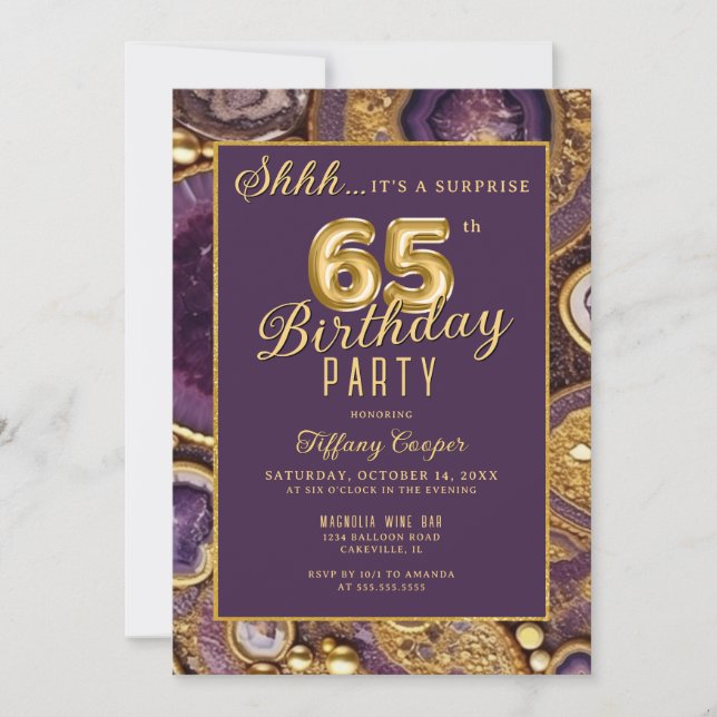 Purple Gold Agate Surprise 65th Birthday Party Invitation (Front)