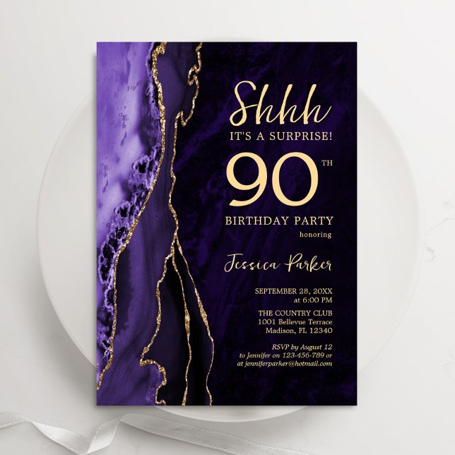 Purple Gold Agate Surprise 90th Birthday Invitation (Creator Uploaded)