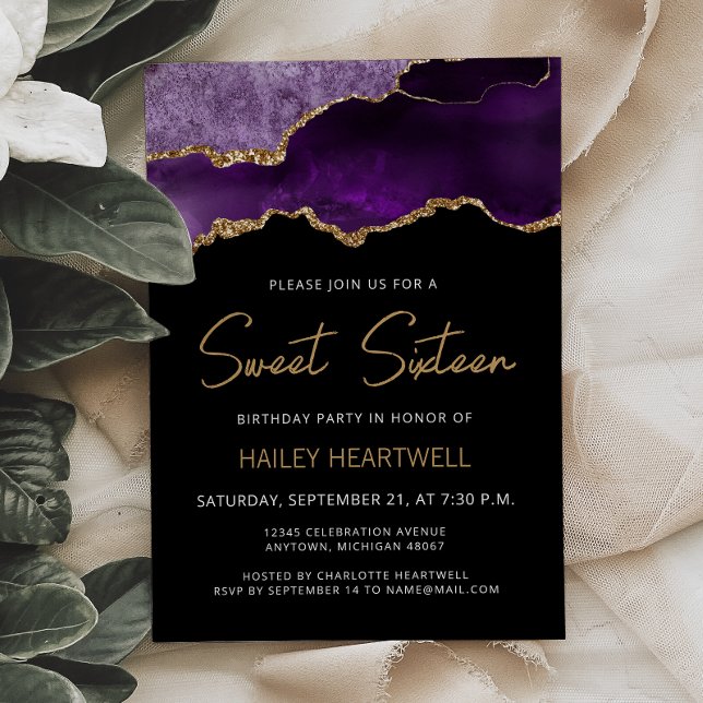 Purple Gold Agate Sweet 16 Birthday Invitation (Creator Uploaded)