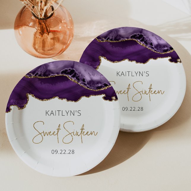 Purple Gold Agate Sweet 16 Birthday Party Paper Plate (Creator Uploaded)