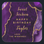 Purple Gold Agate Sweet Sixteen Happy Birthday Square Sticker<br><div class="desc">This elegant and glamourous sticker can be personalised with a name or title such as daughter,  granddaughter,  niece,  friend etc. The design features a purple agate marble background with faux gold glitter accents. The text combines handwritten script and modern sans serif fonts for a classy and sophisticated look.</div>