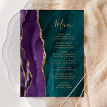 Purple Gold Agate Teal Wedding Menu<br><div class="desc">The left-hand edge of this elegant modern wedding menu features a purple watercolor agate border trimmed with faux gold glitter. The customisable text combines gold-coloured handwriting script and copperplate fonts on a teal watercolor agate background. The reverse side features a matching purple and gold agate design.</div>