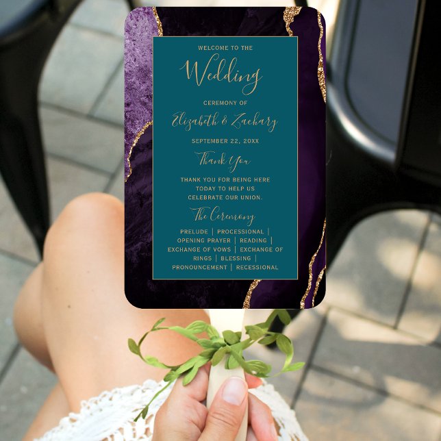 Purple Gold Agate Teal Wedding Program Hand Fan (Creator Uploaded)