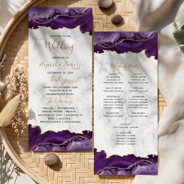 Purple Gold Agate Whimsical Script Marble Wedding Programme (Creator Uploaded)