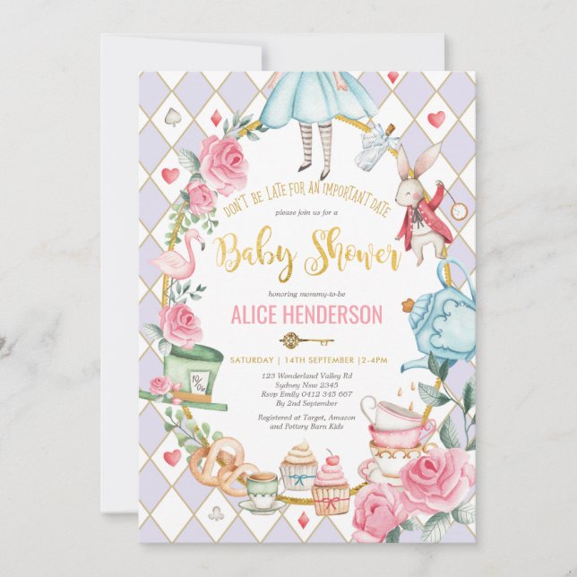 Purple Gold Alice in Wonderland Baby Shower Tea Invitation (Front)