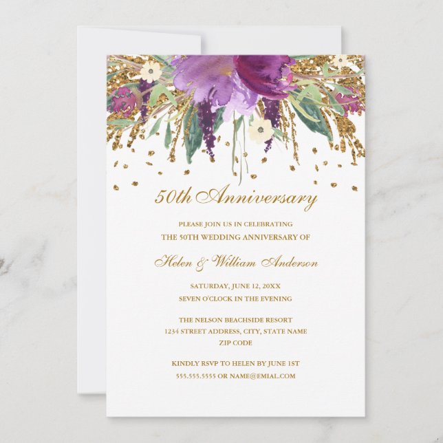Purple Gold Amethyst Floral 50th Anniversary Invitation (Front)