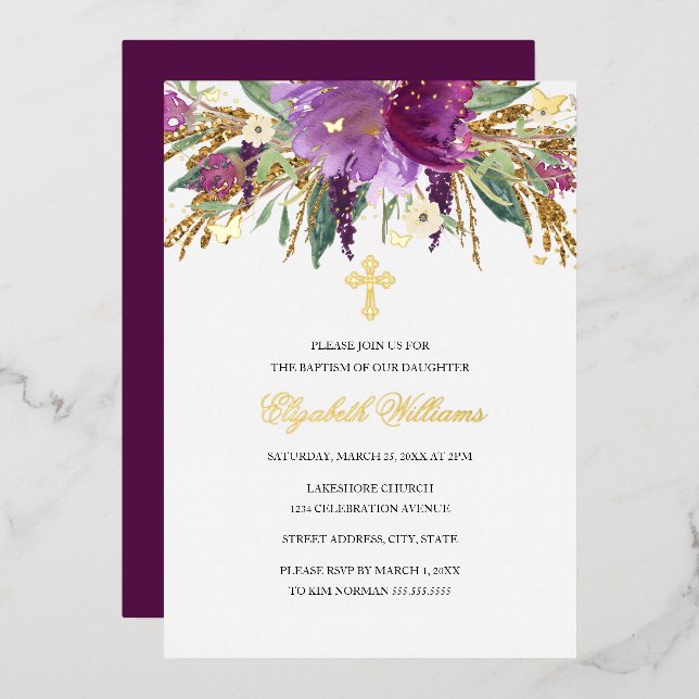 Purple Gold Amethyst Floral Girl Baptism Foil (Front/Back)