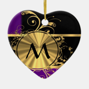 Purple gold and black monogram ceramic tree decoration