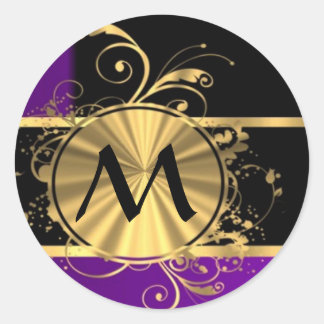 Purple gold and black monogram classic round sticker