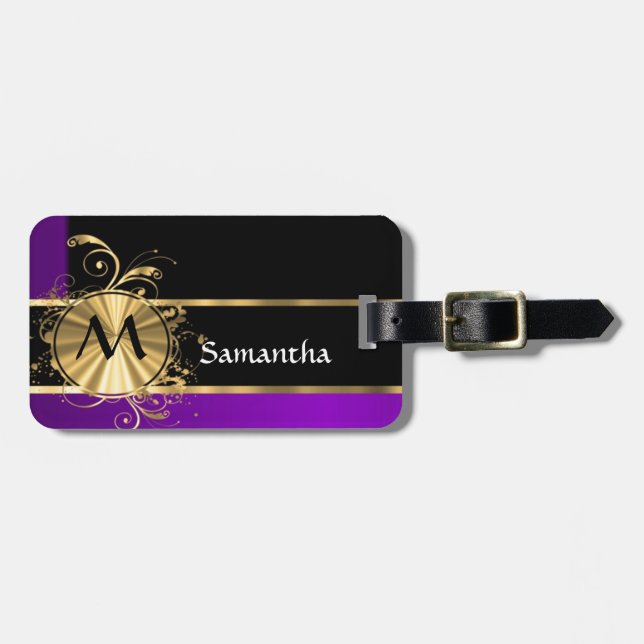 Purple gold and black monogram luggage tag (Front Horizontal)