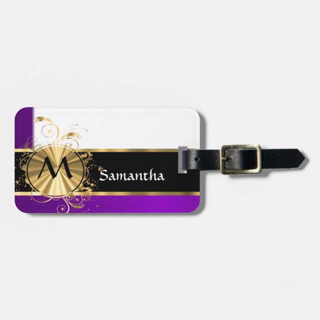 Purple gold and black monogram luggage tag (Front Horizontal)