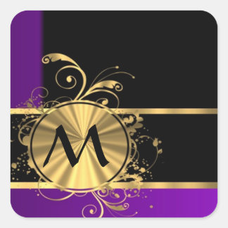 Purple gold and black monogram square sticker