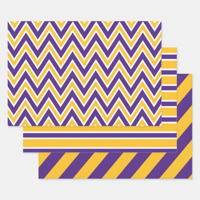 Purple, Gold, and White Chevron & Stripe Pattern Wrapping Paper Sheet (Set)