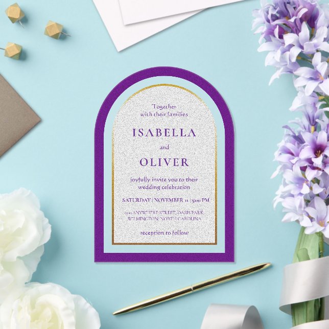 Purple gold and white simplistic wedding acrylic invitations (Insitu (Wedding))