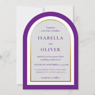 Purple gold and white simplistic wedding invitation