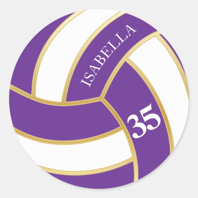 Purple, Gold and White Volleyball- Personalise Classic Round Sticker (Front)