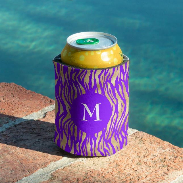 Purple Gold Animal Print Chic Glam Monogram Name Can Cooler (In Situ Pool)