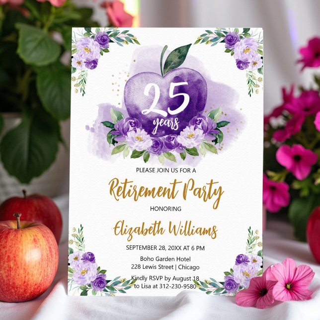 Purple Gold Apple Floral Teacher Retirement Party Invitation (Creator Uploaded)