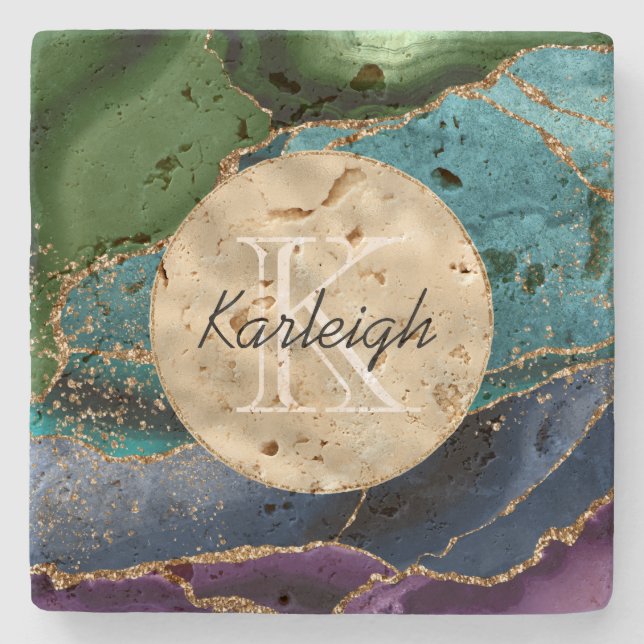 Purple Gold Aqua Green Monogram          Stone Coaster (Front)