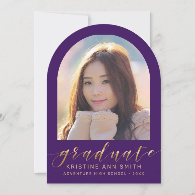 Purple Gold Arch 2 Photo Graduation Announcement (Front)