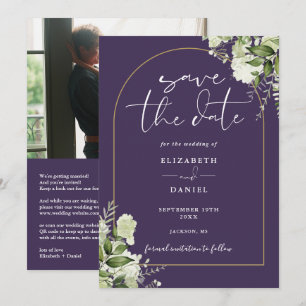 Purple Gold Arch Floral Photo QR Code Wedding Save The Date