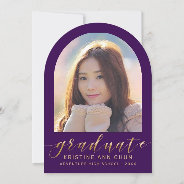 Purple Gold Arch Photo Graduation Announcement (Front)
