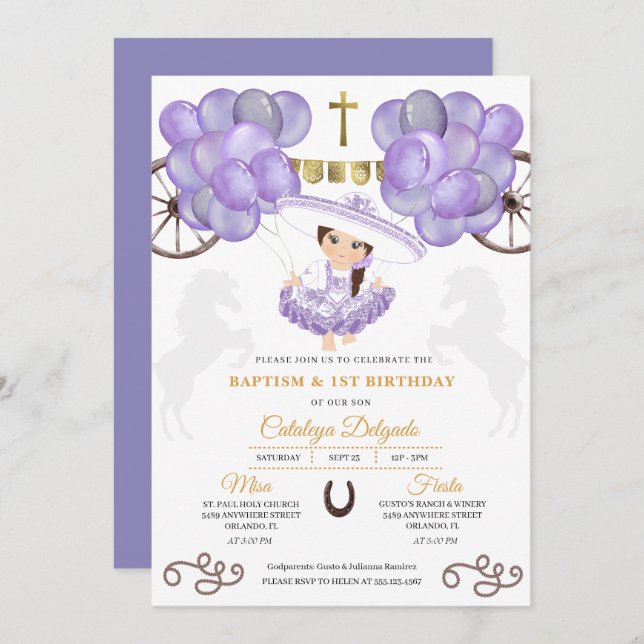 Purple & Gold Baby Charra Dress Balloons Baptism Invitation (Front/Back)