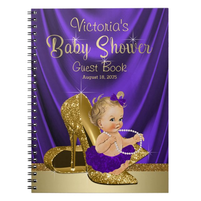 Purple Gold Ballerina Baby Shower Guest Book (Front)
