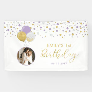 Purple & Gold Balloon 1st Birthday Photo Banner