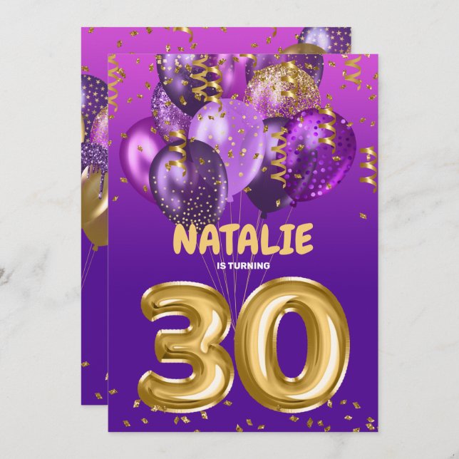 Purple Gold Balloons 30th Birthday Party Invitation (Front/Back)