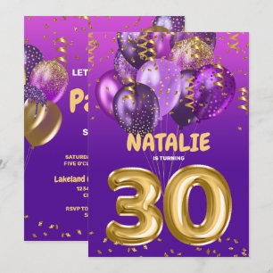 Purple Gold Balloons 30th Birthday Party Invitation