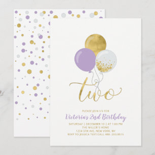Purple & Gold Balloons Girl 2nd Birthday Party Invitation