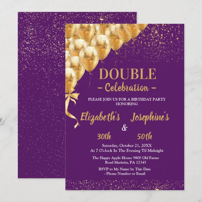 Purple Gold Balloons glitter Dual Birthday Soiree  Invitation (Front/Back)