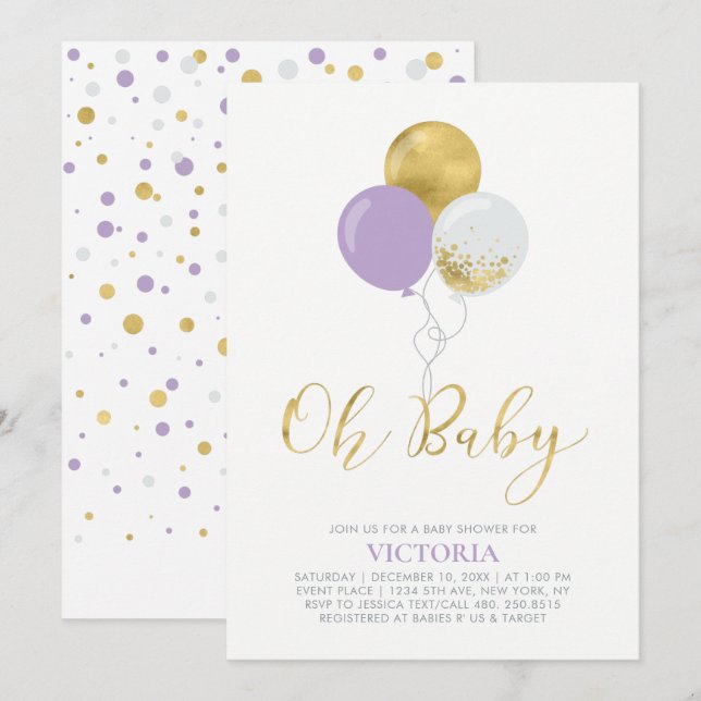 Purple & Gold Balloons | Oh Baby Girl Baby Shower Invitation (Front/Back)