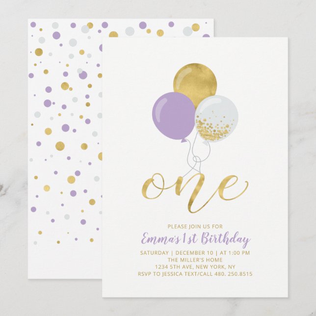 Purple & Gold Balloons One 1st Girl Birthday Party Invitation (Front/Back)