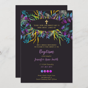 Purple Gold Baptism Invite Floral Leaves