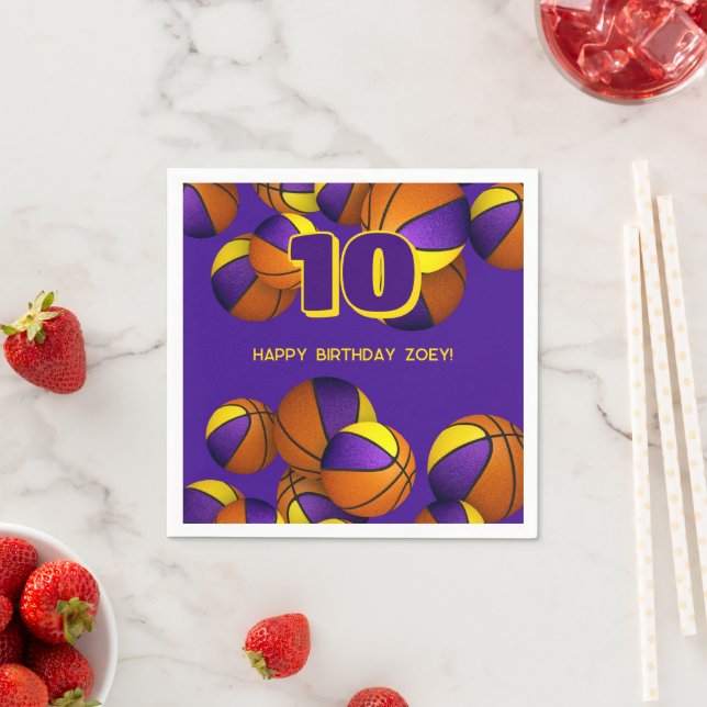 purple gold basketball team colours sports party napkin (Insitu)