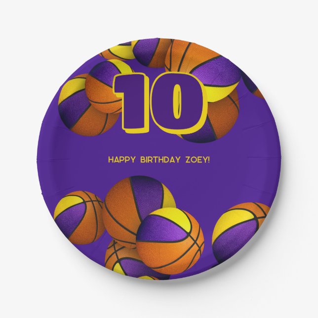 purple gold basketballs boys girls sports party paper plate (Front)