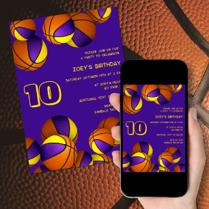 purple gold basketballs kids sports birthday invitation