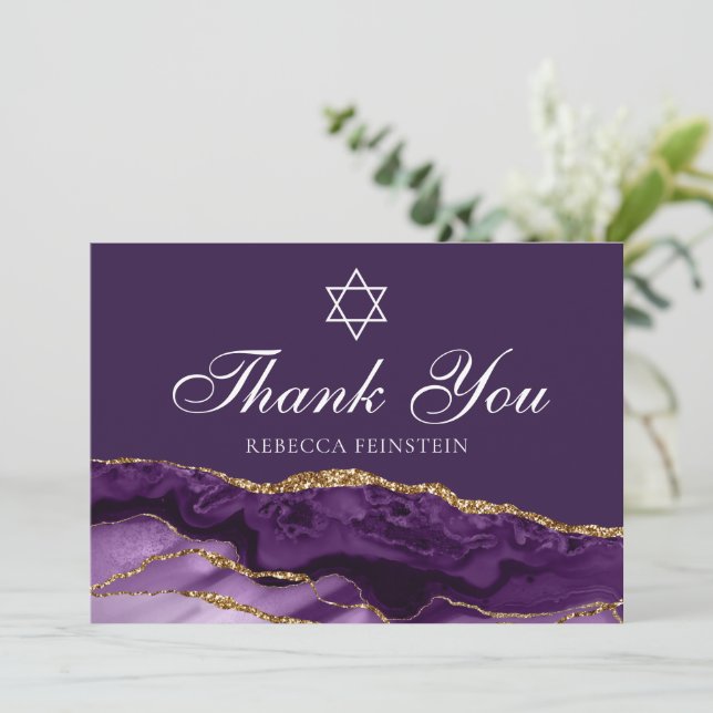 Purple Gold Bat Mitzvah Star of David Custom Thank You Card (Standing Front)