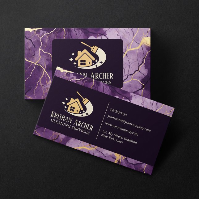 Purple Gold Biege Marble Cleaning Houses Housekeep Business Card (Creator Uploaded)