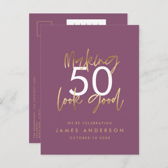 purple gold birthday simple stylish elegant script invitation postcard (Front/Back)