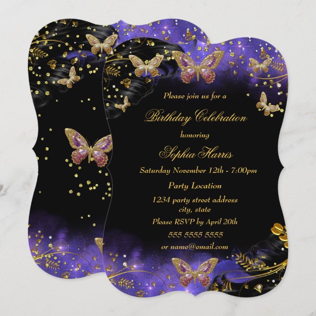 Purple Gold Black Butterfly Sparkle Birthday party Invitation (Front/Back)