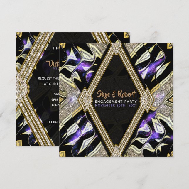 Purple Gold & Black Glamour Engagement Party Invitation (Front/Back)