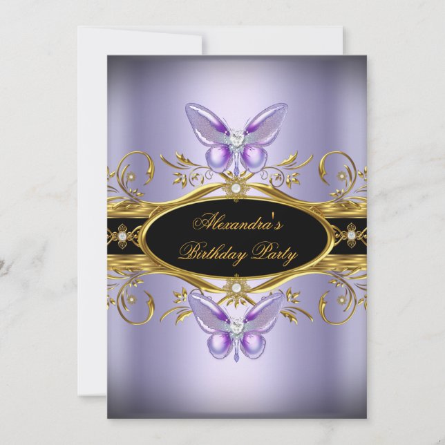 Purple Gold Black Jewel Butterfly Birthday Party Invitation (Front)