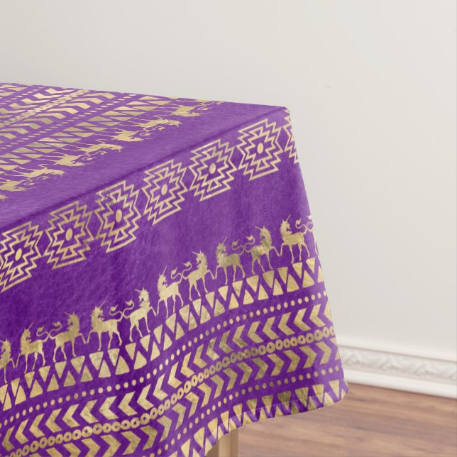Purple & Gold Bohemian Unicorn Pattern Tablecloth (In Situ)