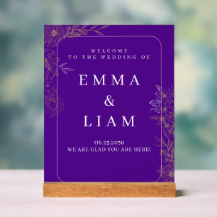Purple Gold Botanical Floral Wedding Welcome Sign
